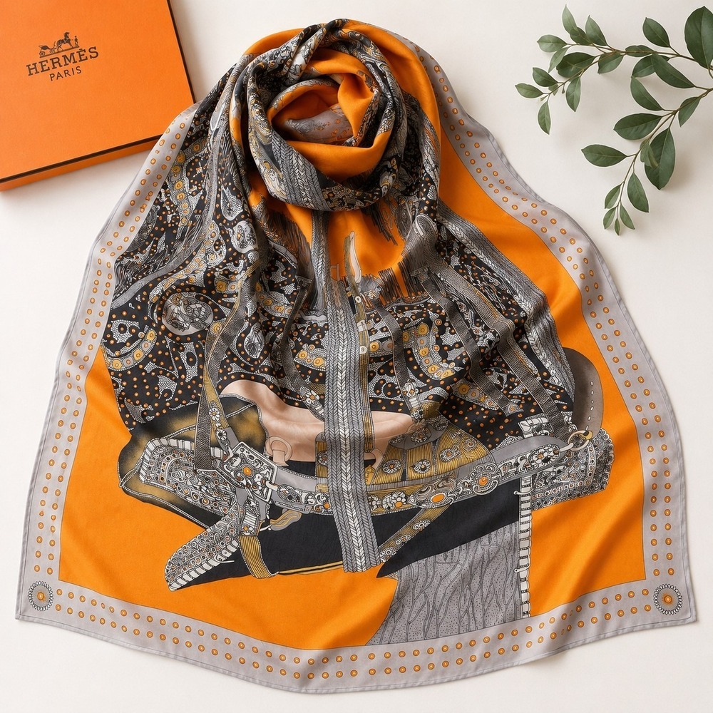 Hermès‎ Selle de Dignitaire Silk Scarf Shawl Wlodek Kaminski Orange Made France